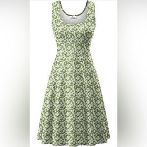 Women's Green Floral A-line Sleeveless Dress with Scoop Neck 50s chic‎